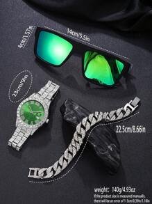 3 pièces Ensemble cadeau montre - Comprend une montre-bracelet élégante en alliage noir pour homme, des lunettes de soleil de moto, un bracelet de cristal de luxe. Convient comme cadeau de fête pour lui
