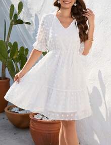 Women's Short Sleeve Swiss Dot V Neck Dress Casual A Line High Waist Dress Summer Solid Ruffle Mini Dress - 白色 - 查看 1