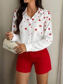 Camisa blanca de mujer con estampado de corazones y labios rojos, blusa con botones - Blanco - Ver 8