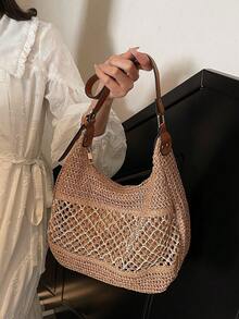New French Woven Tote Bag, Large Capacity Beach Vacation Crossbody Shoulder Bag For Summer - Khaki - View 3