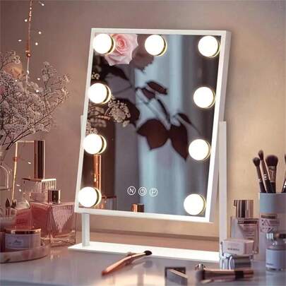1 pieza Espejo de maquillaje de escritorio con 9 luces LED, Espejo estilo , 3 colores de iluminación ajustables, rotación de 360 grados, control táctil, un buen ayudante para el maquillaje profesional diario y selfies, regalo del Día de la Madre.