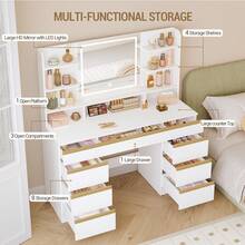 HEXCELEN Large Dressing Table With LED Lighting, 3 Colors, Brightness Control, Dressing Table With Mirror, 9 Drawers, 9 Open Shelves, Modern Style, White-Gold - 白色 - 查看 4