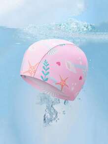 1 PC Pink Comfortable Cartoon Printing Pattern Elastic Teenagers Swimming Cap Comfortable Non-Tightening Cloth Cap Long Hair Ear Protection Hat Swimming Pool Swimming Cap
