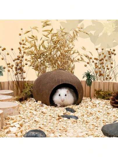 1pc 3.9-5.1 Inch Coconut Shell Hideout Cave For Hamsters, Reptiles And Small Pets, Coconut Texture Provides Natural Food Source, Habitat, Includes Hanging Rope, Suitable For Hamsters, Reptiles, Amphibians And Small Animals