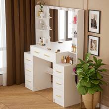 110cm White Dressing Table Set With Led Lighting Mirror, Drawers & Open Multi-Level Shelves, Adjustable Brightness, Large Vanity Makeup Desk Bedroom, Modern Design Bedroom Furniture - White - View 7