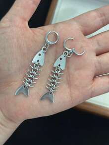 Punk Hip-Hop Fish Bone & Thorn Design Earrings For Women, Suitable For Daily Wear - Silver - View 3