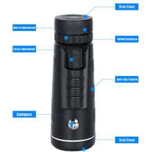 [高清单筒望远镜] 40x60mm 高清单筒望远镜 - 1 件，手动对焦，耐用橡胶，黑色 - 适用于户外运动、登山、狩猎、追踪、洞穴探险 - 黑色 - 查看 9