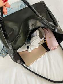 新款柔软皮革大容量手提包，适合课堂和通勤使用，独特的单肩腋下设计 - 黑色 - 查看 5