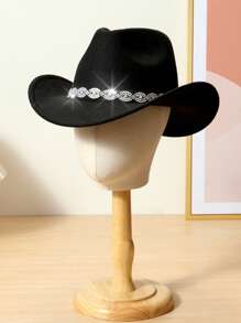 1 pieza Sombrero de vaquero negro de poliéster con adornos de strass para fans de la moda occidental