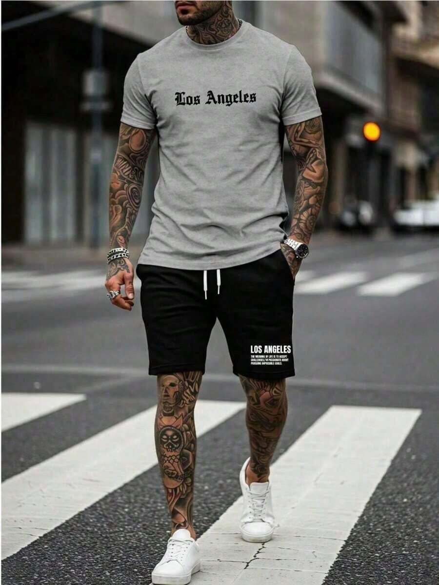 Conjunto Masculino Camiseta e Short Los Angeles Camisa Importada Malha 100% Algodao Short Moletinho Com Bolso Casual - Cinza - Visão 1