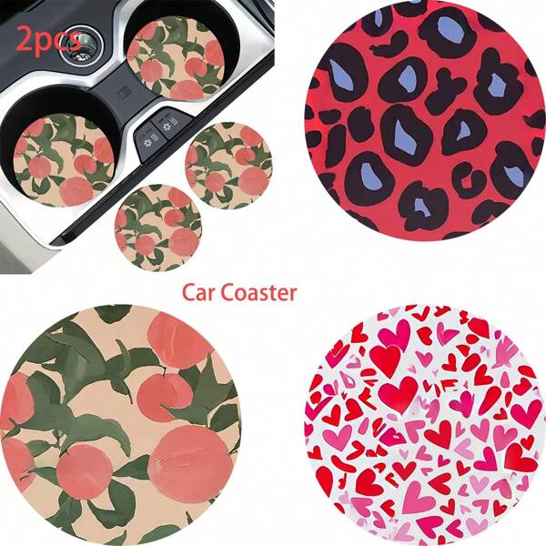 2pcs Cherry Bow Lipstick Pattern Car Cup Coaster Stylish & Durable Fast-Drying Non-Slip Car Cup Mat