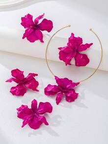 Bộ 5 món trang sức thời trang, vòng cổ, hoa tai, nhẫn, vòng tay kim loại màu hồng cánh sen cỡ lớn, phù hợp cho nữ, thích hợp cho mặc hàng ngày, đi nghỉ, tiệc tùng - Màu Hồng Tươi - Xem 3