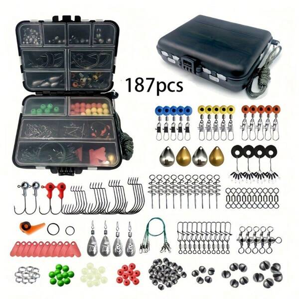 187 pièces Kit de pêche complet - Boîte à pêche, Hameçons, Appâts, Plombs - Idéal pour les aventures de pêche en plein air