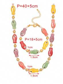 1 件可爱海洋风格树脂小鱼珍珠铜串珠项链，适合女士海边派对海滩度假派对夏季日常节日装，18k 镀金时尚夏季女士百珠宝礼物，适合送给朋友姐妹妈妈（小鱼有轻微瑕疵）