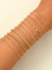 6/11/12/13/20pcs Minimalist Geometric Beaded, Smooth Chain, Snake Bone Chain, Twisted Chain, Lobster Clasp Bracelet Set, Fashion, Elegant, Vintage Design, Suitable For Holiday, Party, Daily Wear, Gift