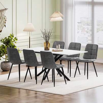 Extendable Dining Table And Chairs Set Of 6, Concrete Effect Rectangular Table With Upholstered Faux Leather Chairs For Dining Room,Kitchen