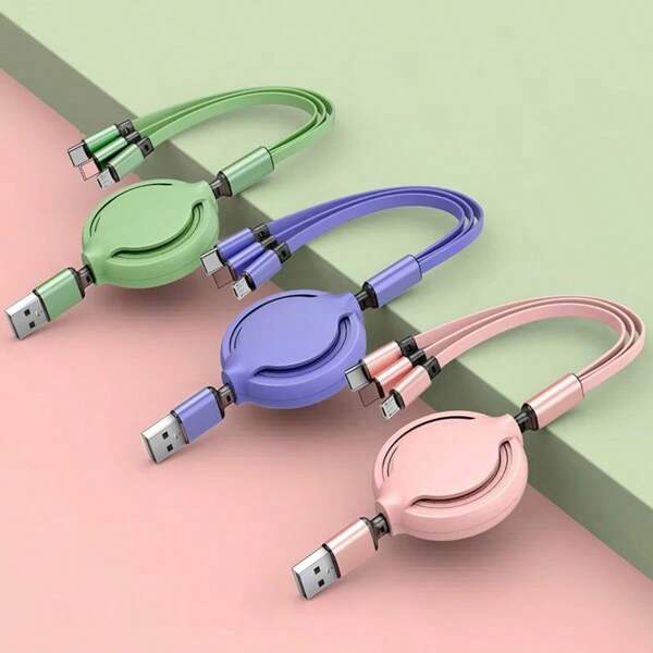 Macaroon-Colored 3-In-1 Retractable Liquid Charging Cable Suitable Compatible With Huawei/Android/ Phones, Wholesale Multi-Head Charging Cable, Type-C, Fast Charging Data Cable, 66W Super Fast Charging Cable