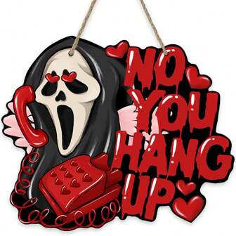 Halloween Horror Grim Reaper Front Door Sign, Humor Ghost Face No You Hang Up Phone Wood Hanger Outdoor Porch Home Decor, Funny Heart Wooden Wreath Indoor Wall Hanging Decoration Halloween Decor Fall Decor Room Decor