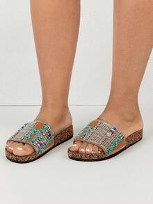 Thick Sole Slippers, Rhinestone Embellished Bohemian Vacation Flat Sandals - Camel - View 2