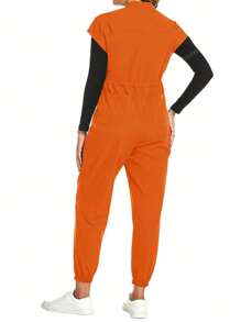 cimmuovere Große Größen Kurzarm Taille-Bindeband Figurbetonter Reißverschluss Stehkragen Kasack Jumpsuit