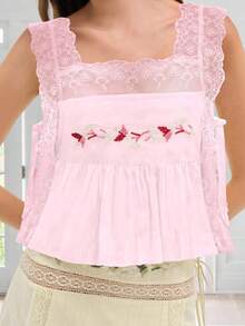 Women's Summer Tie Side Tank Tops Loose Fit Stylish Flower Embroidered Lace Trim Square Neck Sleeveless Vest Casual Daily - 粉色 - 查看 6
