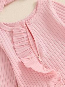 Newborn Girl Fall Outfit Solid Ribbed Ruffle Trim Long Sleeve Zipper Front Footed Bubble Jumpsuit Bow Headband 2 Piece Set - Pink - View 7