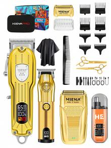 HIENA 4 件套理发套装，2 件金色专业无线理发机 - 网状剃须刀，360 度无死角鼻毛清洁器，带 LED 显示屏，USB 快速充电，多种配件，适用于沙龙、家庭和送礼 - 金色 - 查看 1