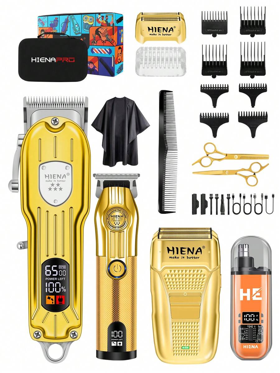 HIENA 4 件套理发套装，2 件金色专业无线理发机 - 网状剃须刀，360 度无死角鼻毛清洁器，带 LED 显示屏，USB 快速充电，多种配件，适用于沙龙、家庭和送礼 - 金色 - 查看 1