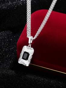 Elegante collar con colgante de plata de ley 925 con circonita negra rectangular - Hipoalergénico, duradero y resistente a la oxidación, regalo perfecto para todas las estaciones, joyería de uso diario | Elegante collar con colgante | Joyería de plata de ley durable, circonita