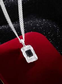 Elegante collar con colgante de plata de ley 925 con circonita negra rectangular - Hipoalergénico, duradero y resistente a la oxidación, regalo perfecto para todas las estaciones, joyería de uso diario | Elegante collar con colgante | Joyería de plata de ley durable, circonita