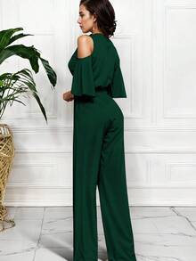 Mono de pierna ancha hombros descubierto cinturón ajustable elegante para mujer - Verde Botella - Ver 4