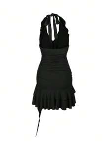 WOWDARK Women's Autumn Ruffled Halter Backless Mini Dress