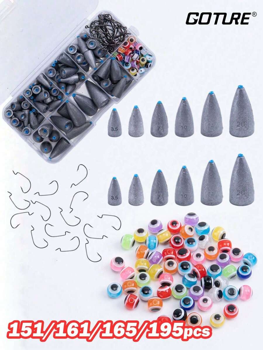 GOTURE 151/161/165/195 Peças Kit de Acessórios de Pesca Goture com Pesos, Bóias, Contas, Chumbos Tipo Bala, Anzóis