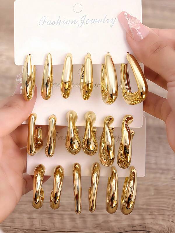 3-9 Pairs Gold-Color CCB Resin Exaggerated C-Shape Waterdrop Earring Set, Fashionable Jewelry Combination