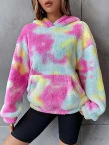 Tie-Dye Print Reversible Fluffy Casual Loose Sweatshirt - Pink - View 3