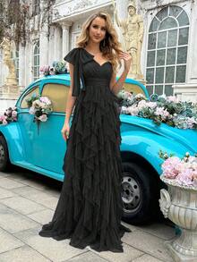 QOQ Prosta Elegancka Damska Jednolita Kolorowa Asymetryczna Dekolt Bez Rękawów Formalna Sukienka Na Wieczorne Przyjęcie, Przyjęcie Urodzinowe, Ceremonię Ukończenia Szkoły, Bal, Galę - Czarne - Zobacz 4