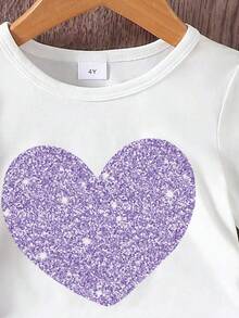 Girls' Summer New Casual Fashion Sporty Purple Heart Print White Round Neck Cinched Waist Short Sleeve T-Shirt Paired With Pink Long Cuffed Cargo Pants, Suitable For Daily Casual, Outdoor, Sports, Travel - Purple - View 4