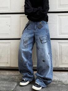 1pc Vintage Loose Design Graphic Print Wide Leg Pants, Unisex Streetwear - Blue - View 4