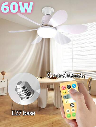 1PIEZA 60W Ventilador de 3 Velocidades Ajustable a 3 Tonos De Luz Con Lámpara LED Socket Universal Alto Flujo de Aire Diseño Ergonómico para Combatir el Calor Refrescante Luces Brillantes Cálida, Neutral y Fría con 6 Aspas Duraderas Material Resistente Control Elegante Incluido