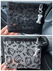 Sanrio 1pc Cute Kitty Velveted Mesh Cosmetic Bag, Portable Data Cable Organizer Pouch, Handheld Carry Bag For Outdoor