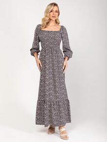 Long Dress With Long Puff Sleeves Cod:2080 All-Over Print Blingbling Flowers Gathered Hem With Ruffle Knot
