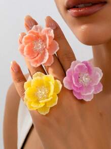 1 pieza Anillo de dedo hecho a mano y delicado con diseño de flor de camelias de colores, inspirado en la naturaleza y con estilo bohemio, apropiado para usar en bodas, citas, fiestas o regalar