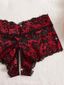 嘉年华派对蕾丝睫毛性感内衣套装，蝴蝶结镂空露胸文胸和可调节肩带V领性感内衣套装（女士款） - 酒紅色 - 查看 5