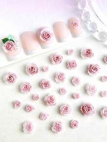 150Pcs Mixed Sizes Of ABS French Pink Flowers Nail Charms 3D Rose Camellia Suitable For Valentine's Day Gatherings Nail Art Accessories DIY - Hồng - Xem 2