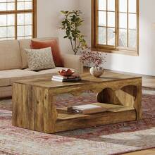 Tribesigns 2-Tier Wooden Coffee Table, 47.24-Inch Farmhouse Coffee Tables With Open Storage Shelf, Rectangular Accent Center Low Cocktail Tea Table, Brown - Brown - View 9