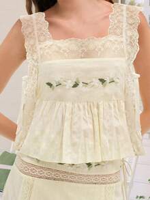 Women's Summer Tie Side Tank Tops Loose Fit Stylish Flower Embroidered Lace Trim Square Neck Sleeveless Vest Casual Daily - 黃色 - 查看 4
