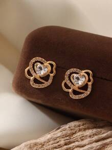 1 par de pendientes de botón con forma de corazón y flores de aleación de cobre con acentos de circonita, de moda y versátiles, ligeros y elegantes para uso diario o fiestas