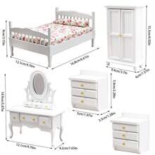 1:12 Scale Dollhouse Bedroom Furniture Set - Bed, Nightstand, Vintage Cabinet, Mini Vanity Table, Wooden Miniature Home Decor Toys, Birthday/Christmas Gift