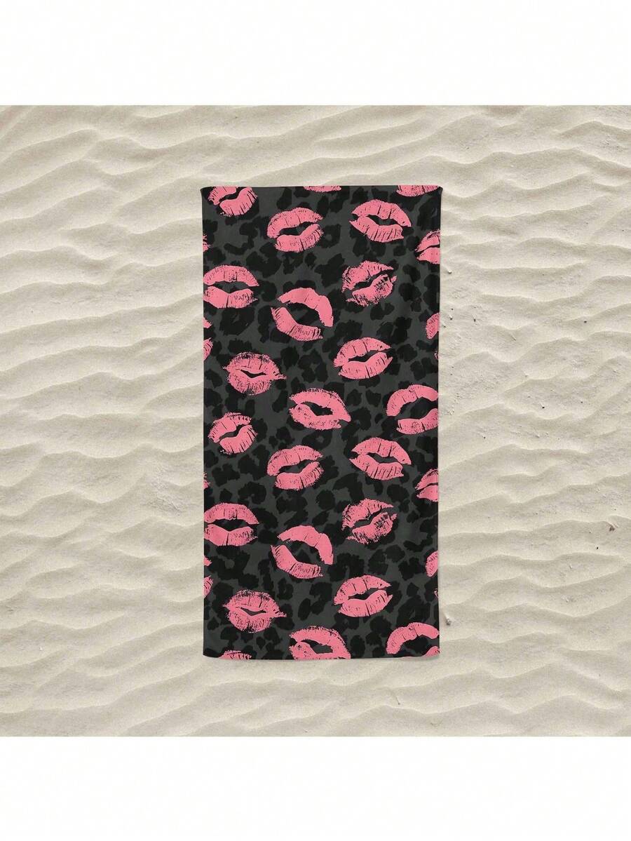 1 件豹纹粉唇沙滩巾，大号沙滩毯，户外沙滩垫，男女适用，海滩旅行必备，超柔软纤维毛巾 - 彩色 - 查看 1