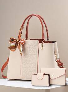 Conjunto Elegante de 3 Peças de Bolsas de Moda Feminina com Bordado - Estampa Geométrica Elegante, Bolsa de Couro Sintético e Carteira Tipo Clutch com Lenço